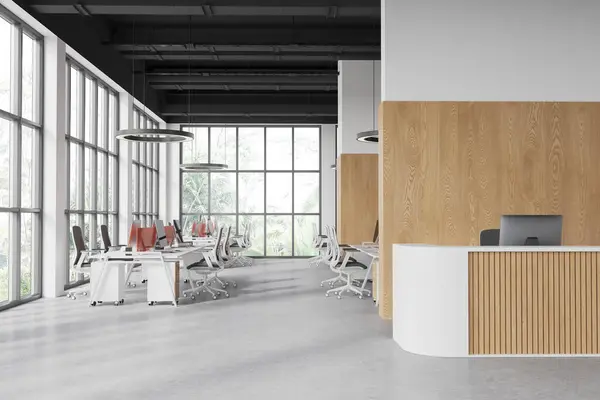 Interior of modern office hall with white and wooden walls, concrete floor, cozy reception counter and open space office in background. 3d rendering