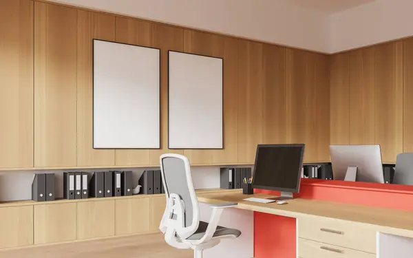 角落与椅子共同工作的内部视图 桌子与Pc监视器排成一排 舒适的工作环境 有餐具柜和文件夹 两幅画布是连在一起的 3D渲染 — 图库照片