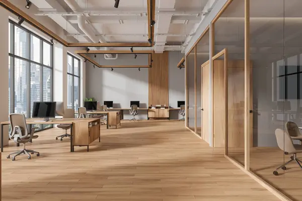 Interieur Eines Modernen Großraumbüros Mit Grauen Und Hölzernen Wänden Holzboden — Stockfoto