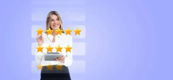 Tela Virtual Toque Dedo Mulher Negócios Feliz Com Estrelas Douradas — Fotografia de Stock