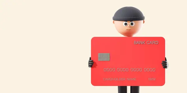 Personaje Dibujos Animados Hombre Sosteniendo Una Tarjeta Bancaria Roja Espacio — Foto de Stock