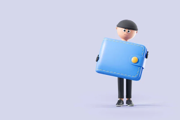 Cartoon thief man holding big blue wallet standing over purple copy space background. Concept of crime and theft. 3d rendering