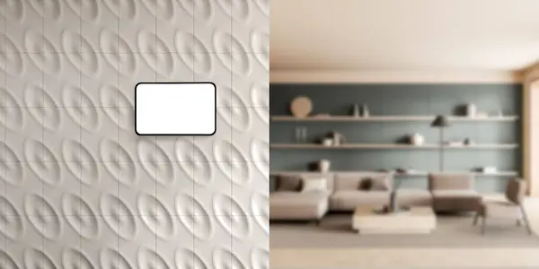 白い壁 居心地の良いソファー コーヒーテーブルで壁にぶら下がる現代的なスマートホームタブレットの景色 3Dレンダリング — ストック写真