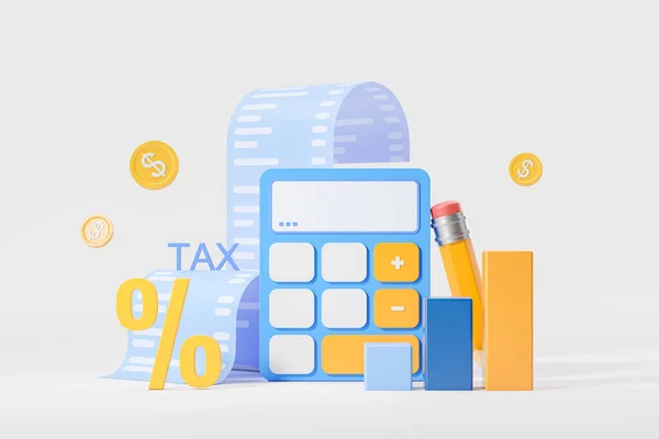 View of calculator and pencil next to tax over white background. Concept of tax payment and income analysis. 3d rendering
