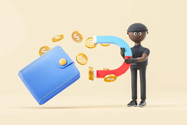 Cartoon character black man holding a magnet, flying dollar coins, stealing money from wallet. Concept of scammer, financial crime and fraud. 3D rendering illustration