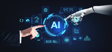 İşadamı ve robotun elleri koyu mavi arka plan üzerinde yapay zeka arayüzü kullanıyor. Makine öğrenme kavramı