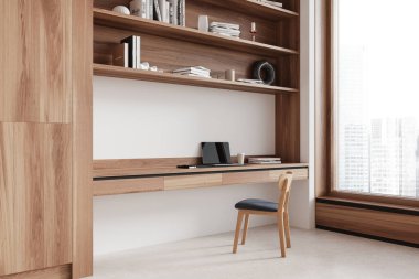 Çalışma alanı, koltuk, dizüstü bilgisayarı ve rafı olan ahşap masa Singapur gökdelenlerinin panoramik penceresi olan ev manzarası. 3B görüntüleme