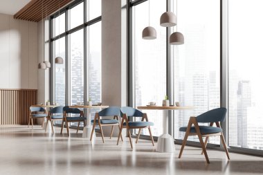 Modern restoran manzarası, sandalyeler, tabaklar, beton zemin. Singapur gökdelenlerinde panoramik pencereli şık bir kafe. 3B görüntüleme