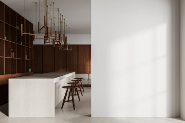 Bar tezgahı, tabure ve şarap şişeleriyle süslü bir kafe. Minimalist mobilyalarla lüks yemek alanı. Boşluk bölümünü kopyala. 3B görüntüleme