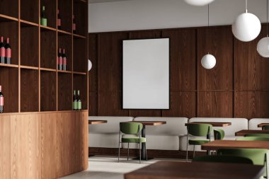 Restoran manzarası, sandalyeler, masa, beton zemin. İçinde şarap şişeleri olan raflar, ahşap duvarda tuval posteri olan şık yemek alanları. 3B görüntüleme