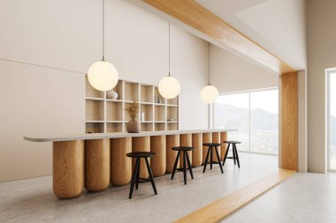 Bar tezgahı, sıra sıra tabure, tabaklar ve dekorasyonla bej restoranın köşesi. Kırsal kesimde panoramik pencereli şık bir yemek salonu. 3B görüntüleme