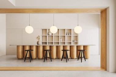 Beyaz duvarları, beton zemini ve üzerinde tabure ve büyük tavan lambaları olan uzun ahşap tezgahı olan modern restoranın içi. 3d oluşturma