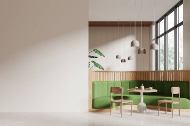 Sandalyeleri, yeşil kanepesi ve beton zemini olan modern bir restoran. Tropik bölgelerde panoramik pencereli şık bir kafe. Uzay duvarının bölümlerini kopyala. 3B görüntüleme