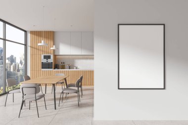 Ahşap ve beyaz mutfak. Yemek masası, sandalyeler, beton zemin. Gökdelenlerde panoramik pencereli yemek dolabı. Bölümdeki tuval posterini taklit et. 3B görüntüleme