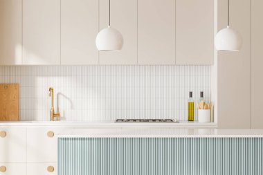 Kuvars bar tezgahı, raflı lavabo ve mutfak gereçleri olan beyaz lüks ev mutfağı. Modern yemek alanı ve şık bir tasarım. 3B görüntüleme