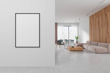 Yemek masası, sandalye, kanepe ve açık beton zeminde kahve masası olan modern bir oturma odası. Gökdelenlerin panoramik penceresi. Tuvalin posterini hazırla. 3B görüntüleme