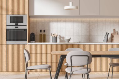 Konforlu mutfak masası sandalyeler, mutfak gereçleri ve beyaz ahşap mutfak dolabı. Modern bir dairede yemek yiyoruz. 3B görüntüleme