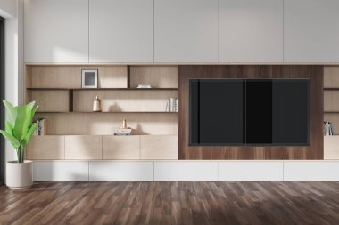 Lüks ev oturma odası televizyon, raf ve sanat dekorasyonlu kitaplar, ahşap döşeme. Televizyonlu rahat ve şık bir yer. 3B görüntüleme