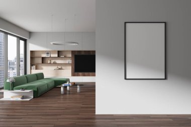 Kanepe, sehpa ve ahşap döşeli raflı modern ev içi oturma odası. Bangkok gökdelenlerinin panoramik penceresi. Bölümdeki tuval posterini taklit et. 3B görüntüleme