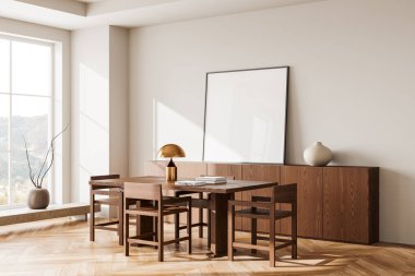 Oturma odasının köşesi. Yemek masası, sandalyeler, ahşap büfe. Panoramik pencereli ve dekorasyonlu yemek salonu. Kare bir tuval posteri yap. 3B görüntüleme