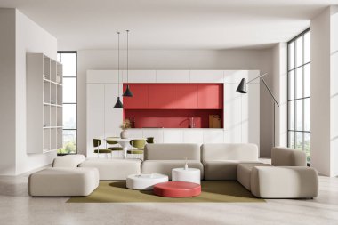 Modern ev stüdyosunun içinde halı döşenmiş bir kanepe, açık beton zemin. Yemek masası ve dolabı olan bir yemek odası. Bangkok gökdelenlerinin panoramik penceresi. 3B görüntüleme