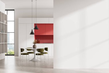 Yemek masası, sandalyeler, beton zemin olan şık bir ev mutfağı. Bangkok 'ta panoramik pencere. Ev yemeği dolabı ve yemek odası. Kopya uzay duvarı. 3B görüntüleme