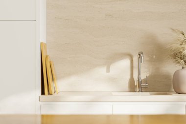 Ev mutfağının içini lavabo ve dekorasyonla süslemek kuvars tezgahında tahta kesmek. Modern apartmandaki minimalist yemek pişirme alanına yakın çekim. 3B görüntüleme