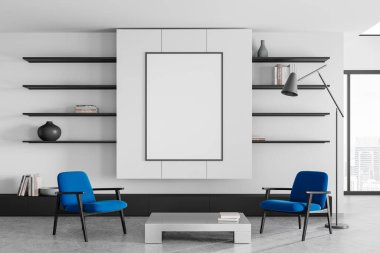 Beyaz ev oturma odası. İki mavi koltuk ve sehpa. Rafta süslemeler var. Gökdelenlerin panoramik penceresi. Boş tuval posteri yap. 3B görüntüleme