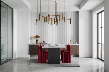 Beyaz duvarları, beton zemini ve kırmızı sandalyeli uzun mermer yemek masası olan şık bir yemek odası. 3d oluşturma