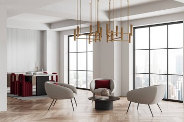 Lüks oturma odasının köşesi. Yemek masası, sandalyeler, yan görüş koltukları ve kahve masası. Bangkok gökdelenlerinin panoramik penceresi. 3B görüntüleme