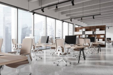 Ofis içi bilgisayar manzarası, koltuklar ve teknolojiyle birlikte çalışma köşesi. Singapur gökdelenlerinin panoramik penceresi. 3B görüntüleme