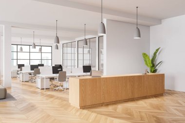 Resepsiyon masası ile iş dünyasının köşesi görünümü, yan görüş işyeri ve sıra sıra dizilmiş bilgisayarları. Gökdelenlerin panoramik pencereleriyle eş zamanlı çalışma alanı. 3B görüntüleme