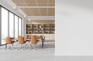 Masasında ve rafında dizüstü bilgisayarı olan modern iş yeri içi döşemesi, aydınlık beton. Tropiklerde panoramik penceresi olan şık bir çalışma alanı. 3B görüntüleme