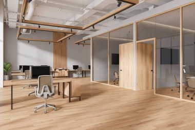 Masada ve koltuklarda bilgisayar olan ofis içi manzarası, tahta ve televizyon ekranlı cam toplantı odası. Mobilya ve teknolojiyle rahat bir çalışma alanı. 3B görüntüleme