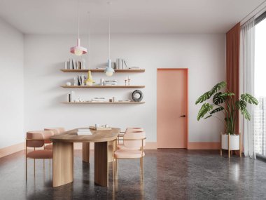 Beyaz duvarları, beton zemini, pembe kapısı ve sandalyeli uzun yemek masası olan şık bir yemek odası. 3d oluşturma