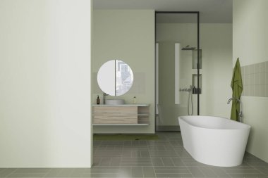Havalı yeşil banyo küveti, lavabosu ve cam duşu var. Aksesuarlı raflar, banyo ya da minimalist tasarımlı spa bölgesi. Uzay duvarını kopyala. 3B görüntüleme
