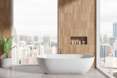 Ahşap duvarları, fayanslı zemini ve üzerinde raf olan rahat beyaz küveti olan şık bir banyo. büyük pencerenin yanında duran 3d görüntüleme