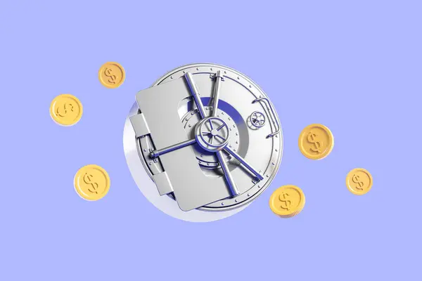 Metal bank vault, safe with falling dollar coins on blue background. Concept of secure space where money, valuables, records, and documents are stored. 3D rendering illustration