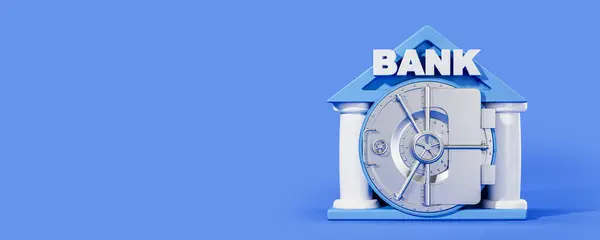 Metal bank vault, safe with on empty copy space blue background. Concept of secure space for money, documents, account and storage. 3D rendering illustration