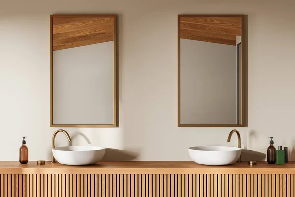 Modern Hotel Bathroom Interior Double Sink Wooden Vanity Golden Faucet — Stock Photo, Image