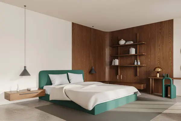 Corner view of home bedroom interior bed and work desk with chair, carpet on light concrete floor. Beige and wooden sleep or relax space with wooden shelf. 3D rendering
