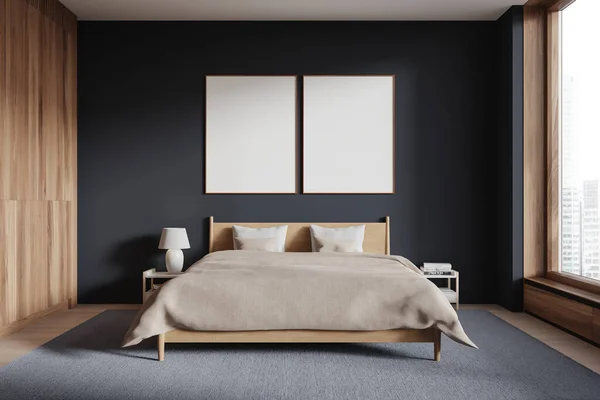 Modern home bedroom interior bed and beige bedding, nightstand with decoration and carpet on hardwood floor. Panoramic window on skyscrapers. Two mock up canvas posters. 3D rendering