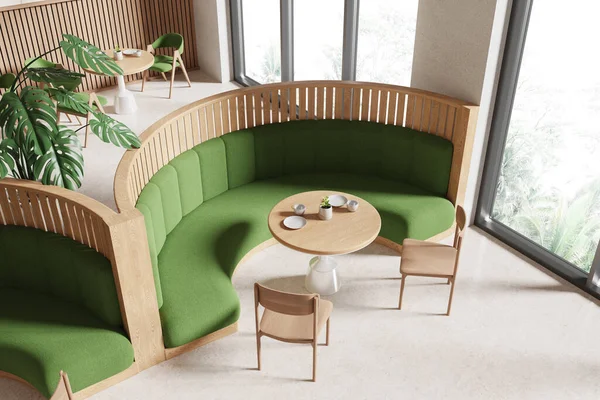 餐厅内景尽收眼底 有椅子 绿色沙发 有隔板 水泥地板 风格别致的咖啡店 在热带地区设有全景窗口 3D渲染 — 图库照片