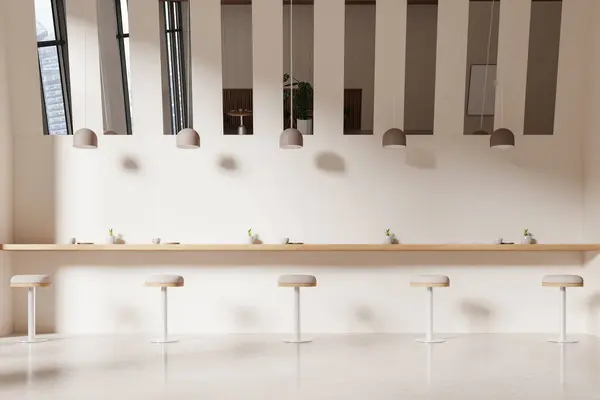 Beige minimalist cafe interior with bar chairs in row, long wooden table with dishes and decoration. Mirror on wall and panoramic window on skyscrapers. 3D rendering