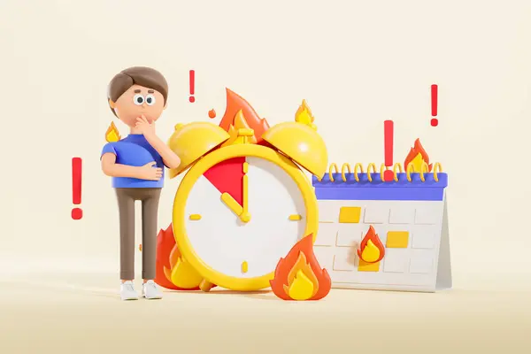 Pensive Cartoon Businessman Burning Alarm Clock Exclamation Marks Calendar Concept — Stock Photo, Image