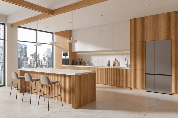 角落景观木制和白色的家庭厨房内部 酒吧岛和凳子 橱柜与冰箱 吃饭和做饭的角落 纽约摩天大楼的全景窗口 3D渲染 — 图库照片
