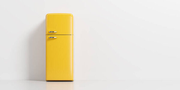 Yellow classic or vintage fridge on the floor. Colored double doors refrigerator appliance for food storage on empty copy space white background. 3D rendering