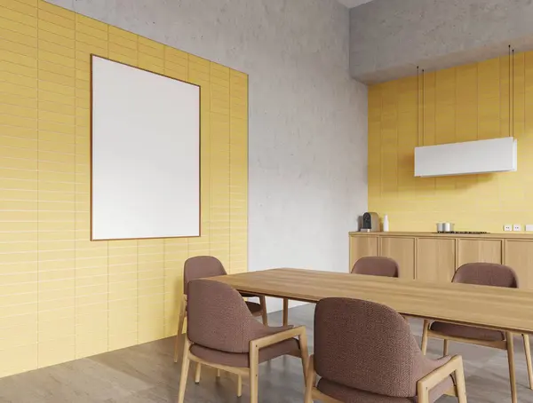 Hjørne Udsigt Hjemmet Køkken Interiør Med Middagsbord Stole Betongulv Madlavning - Stock-foto