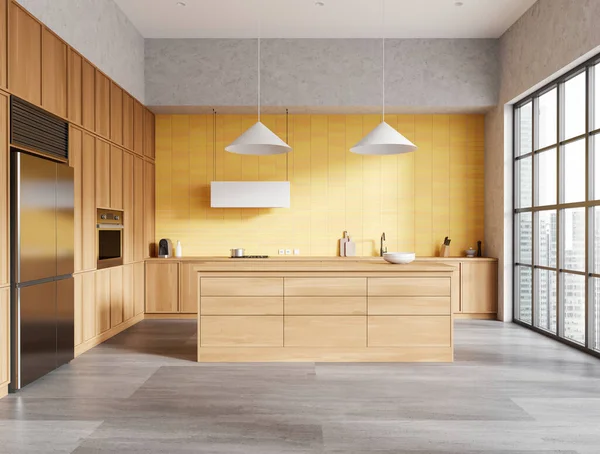 Şık Sarı Bir Mutfak Tezgahı Uzun Ahşap Mutfak Dolabı Beton — Stok fotoğraf