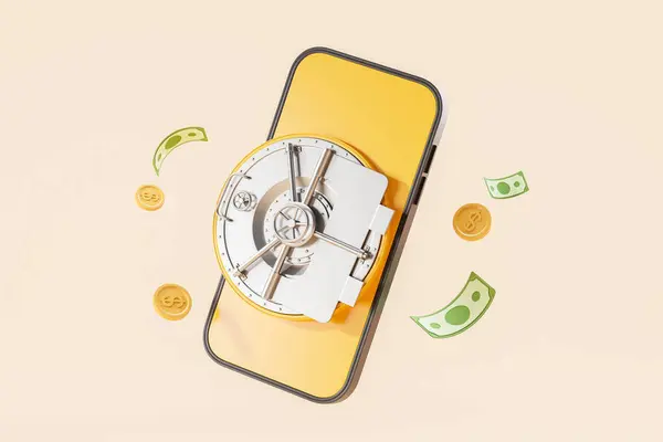 Phone screen and metal bank vault safe, falling coins and banknotes on beige background. Concept of secure payment, mobile app and online banking. 3D rendering illustration